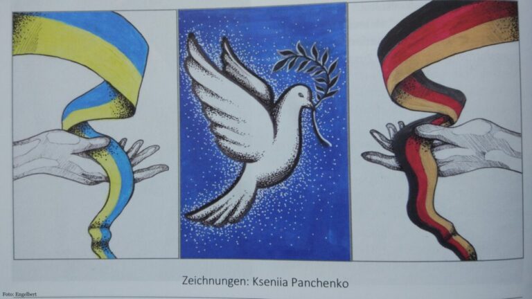Grafik mit einer Taube und zwei Händen
